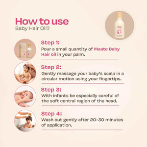 Four-step how-to-use guide for Maate Baby Hair Oil: pour small quantity in palm, massage baby's scalp in circular motion, be careful of soft central head region for infants, wash out gently after 20 to 30 minutes