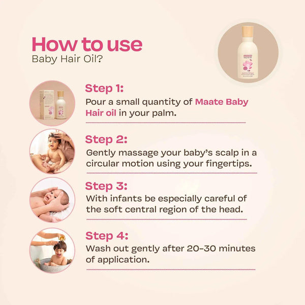 Four-step how-to-use guide for Maate Baby Hair Oil: pour small quantity in palm, massage baby's scalp in circular motion, be careful of soft central head region for infants, wash out gently after 20 to 30 minutes