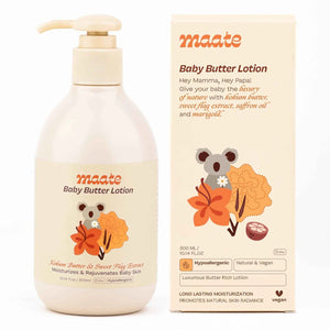Maate Baby Butter Lotion bottle beside its packaging box reading Hey Mamma Hey Papa, featuring kokum butter, sweet flag extract, saffron oil and marigold, hypoallergenic and vega