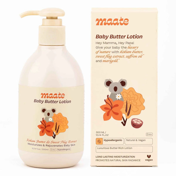 Maate Baby Butter Lotion bottle beside its packaging box reading Hey Mamma Hey Papa, featuring kokum butter, sweet flag extract, saffron oil and marigold, hypoallergenic and vega
