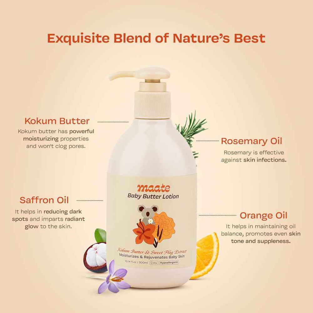 Maate Baby Butter Lotion bottle beside its packaging box reading Hey Mamma Hey Papa, featuring kokum butter, sweet flag extract, saffron oil and marigold, hypoallergenic and vega