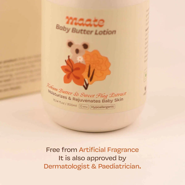 Close-up of Maate Baby Butter Lotion label with Kokum Butter and Sweet Flag Extract, free from artificial fragrance and approved by dermatologist and paediatrician