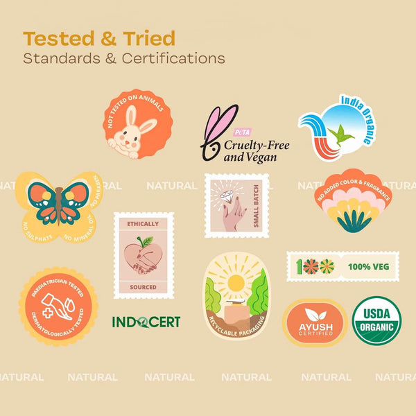 Certification badges for Maate products including not tested on animals, PETA cruelty-free and vegan, India Organic, USDA Organic, Ayush certified, paediatrician and dermatologically tested, recyclable packaging, and 100% veg