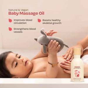 Mother massaging baby with Maate Baby Massage Oil, natural vegan formula that improves blood circulation, strengthens blood vessels, and boosts healthy skeletal growth
