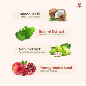 Ingredient breakdown for Maate Baby Massage Oil showing coconut oil, brahmi extract, noni extract, and pomegranate seed with their benefits
