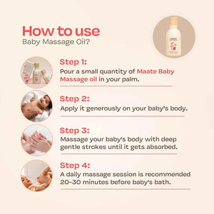 Four-step how-to-use guide for Maate Baby Massage Oil: pour small quantity in palm, apply generously on baby's body, massage with gentle strokes, recommended daily 20 to 30 minutes before bath