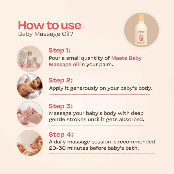 Four-step how-to-use guide for Maate Baby Massage Oil: pour small quantity in palm, apply generously on baby's body, massage with gentle strokes, recommended daily 20 to 30 minutes before bath