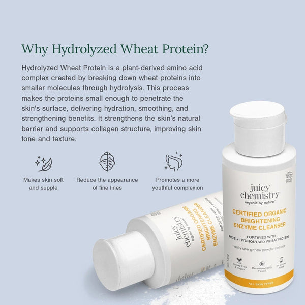 Two Juicy Chemistry Brightening Enzyme Cleanser bottles shown front and back, with Why Hydrolyzed Wheat Protein benefits: makes skin soft and supple, reduces fine lines, promotes youthful complexion