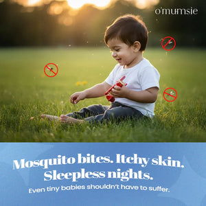 Toddler playing in grass with mosquito warning icons overlaid