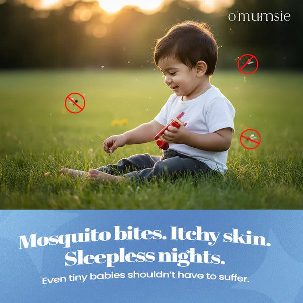 Toddler playing in grass with mosquito warning icons overlaid