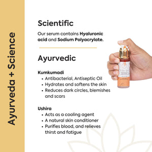 Hand holding The Glow Serum bottle beside ingredient breakdown of hyaluronic acid, Kumkumadi oil, and ushira