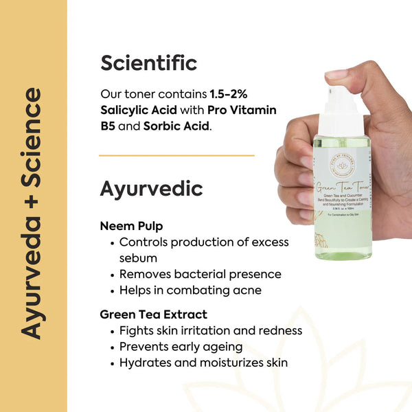 Hand holding Green Tea Toner bottle beside ingredient breakdown of salicylic acid, neem pulp, and green tea extract