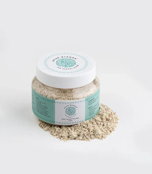 "Ayurblends Protein Hair Mask for damaged hair repair -- white jar on natural background"