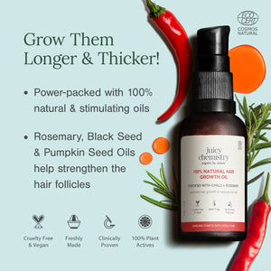 Hair growth oil bottle with ingredients and benefits on a light blue background
