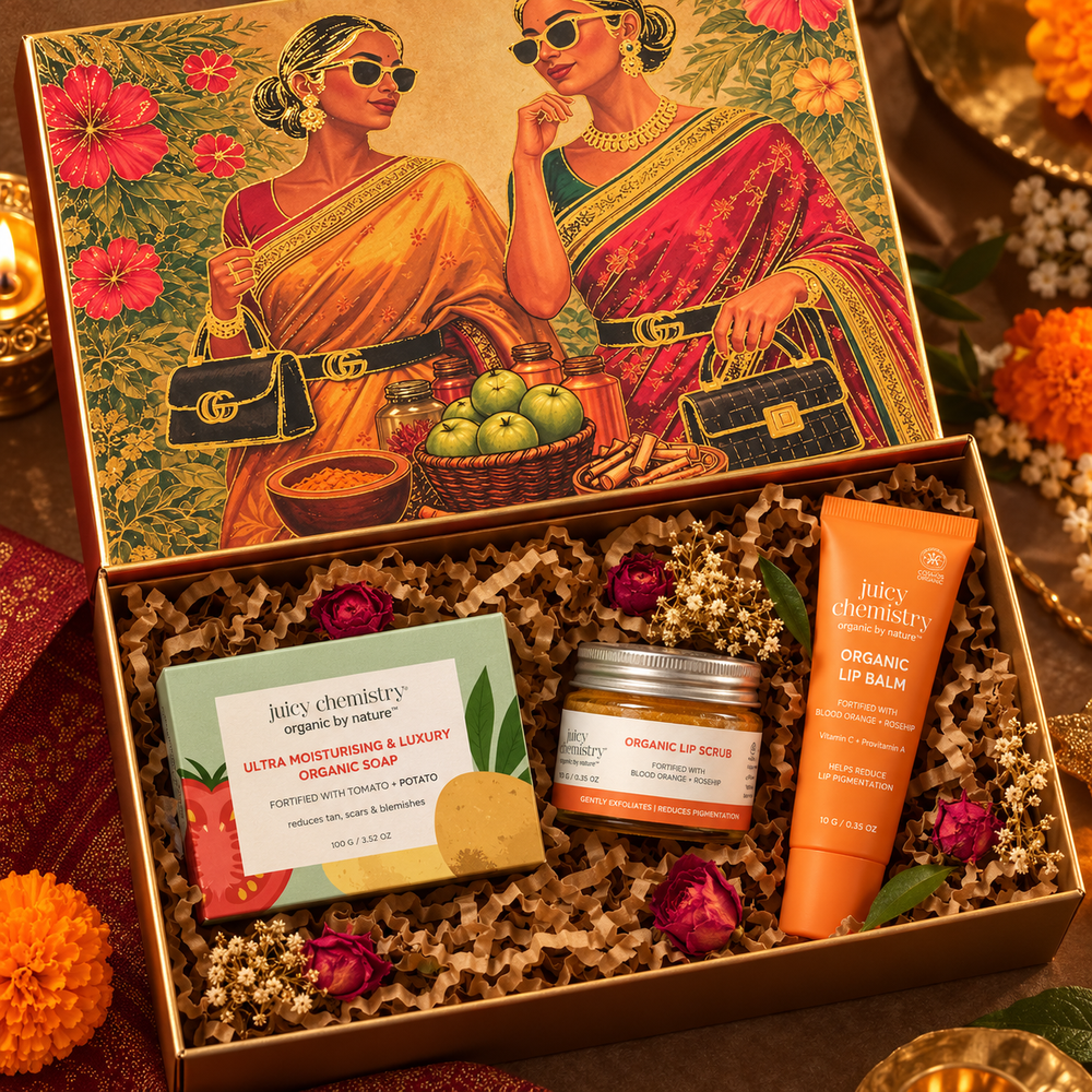 The Little Indulgence Box | Diwali Gift Set with Potato Tomato Lemongrass Soap, Blood Orange Lip Scrub & Lip Balm