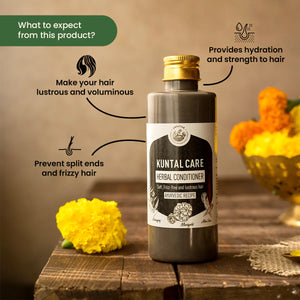 Kuntal Care Herbal Conditioner benefits infographic showing lustrous and voluminous hair, hydration and strength, and prevention of split ends and frizzy hair – Ayurvedic herbal conditioner by Amrutam