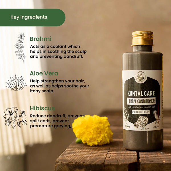Key ingredients in Kuntal Care Herbal Conditioner: Brahmi for scalp soothing and dandruff control, Aloe Vera for hair strengthening and itch relief, and Hibiscus for split end prevention and anti-greying – natural Ayurvedic hair care